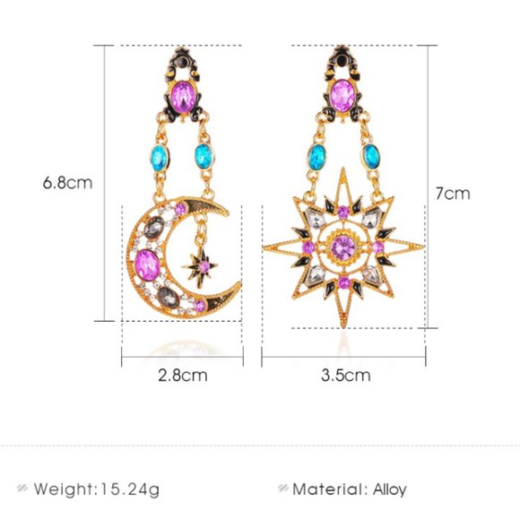 Ornate Baroque Celestial Moon & Star Blue Purple Rhinestone Gold Dangle Earrings - Picture 5 of 6